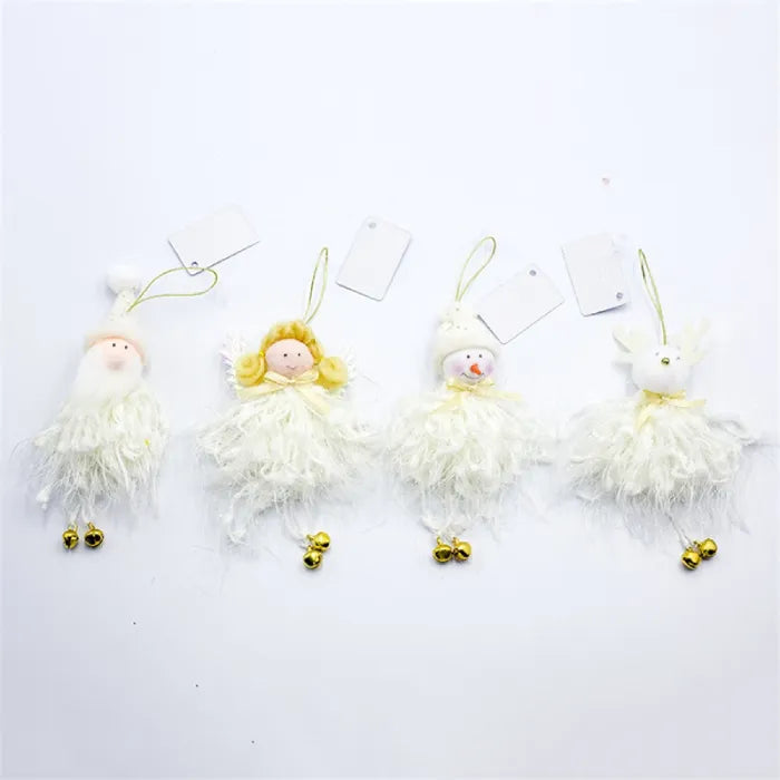 white christmas ornaments set of 4 plush santa angel snowman deer with gold bells neutral tree decor for modern homes US