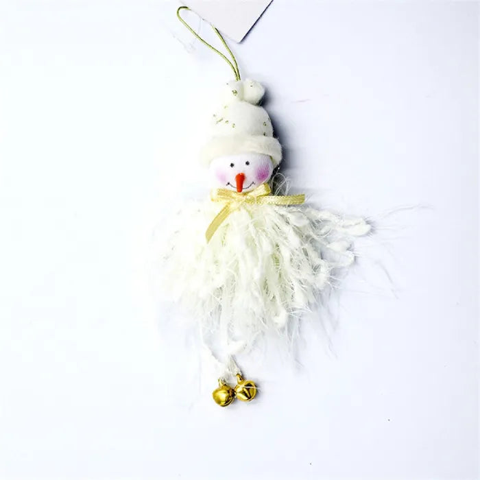 white christmas ornaments snowman plush with gold bells and fluffy skirt, hanging tree decor cozy winter style for homes