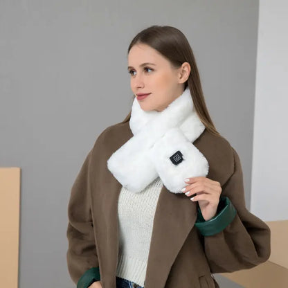 Plush white heated scarf providing neck warmth and comfort with a chic winter fashion style.