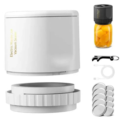 White electric vacuum sealer with detachable base, accessories, and jar of preserved yellow fruit chunks