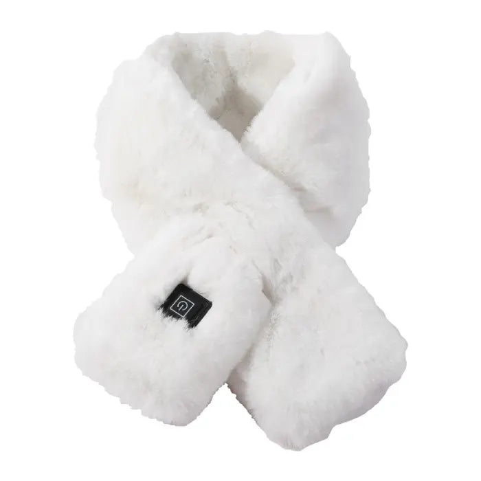 White faux fur scarf with a soft, elegant design, perfect for winter outfits.