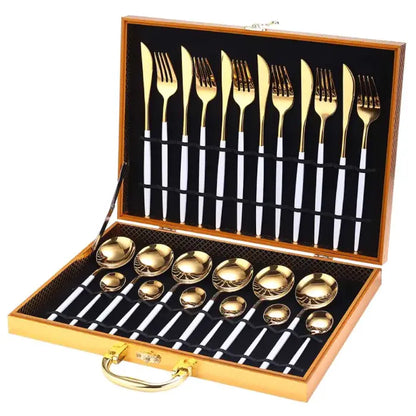 Luxury white-handled gold cutlery set in wooden presentation box