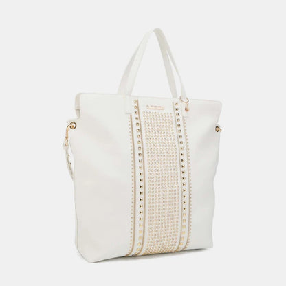 White structured handbag with golden studded center panel shown from side angle,  premium leather craftsmanship