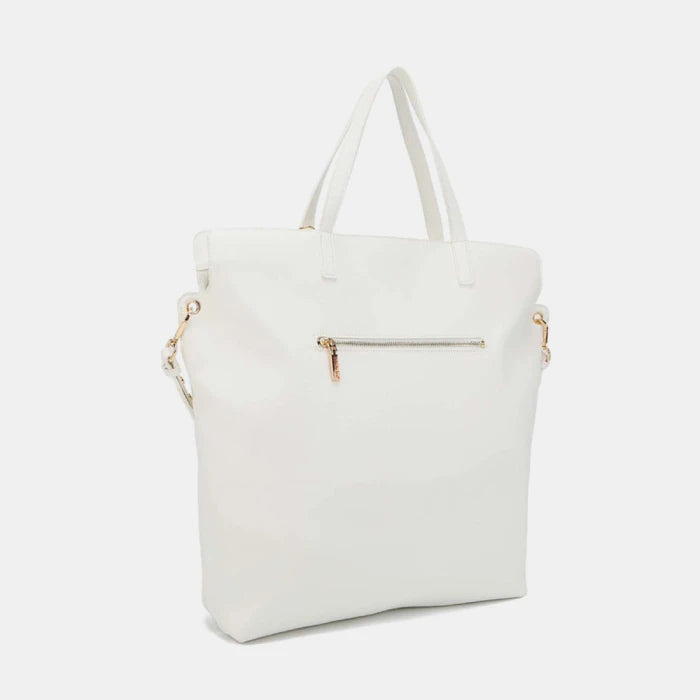 Elegant white leather tote bag with silver zipper detail and double handles, perfect for sophisticated everyday style