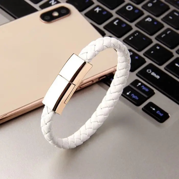 White braided leather USB cable bracelet for charging and data transfer, perfect for portable use.