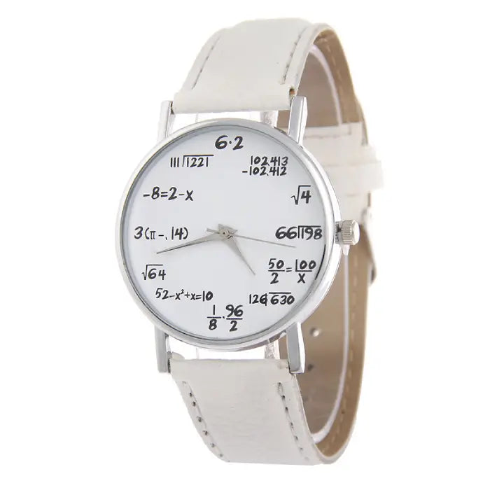 White leather wristwatch with a clean white dial featuring mathematical equations for a classy, modern look.