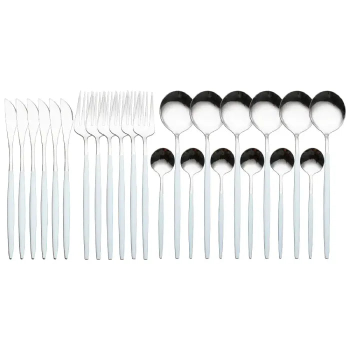 Contemporary white cutlery set featuring minimalist design knives, forks and spoons