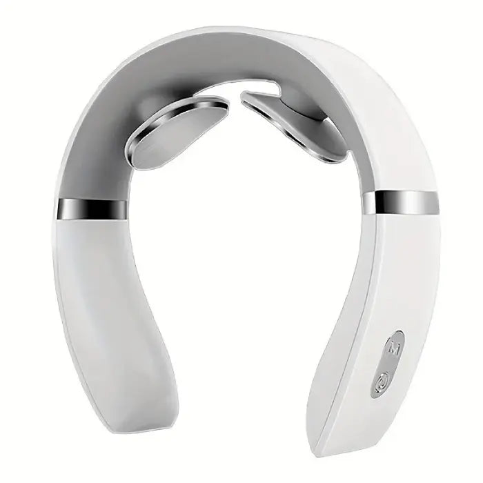 White neck massager with a modern and sleek look, featuring metallic and ergonomic elements.