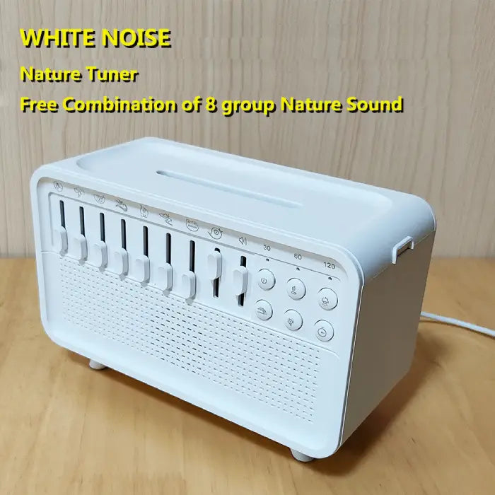 White noise speaker with sliders and timer controls for custom nature sound combinations.