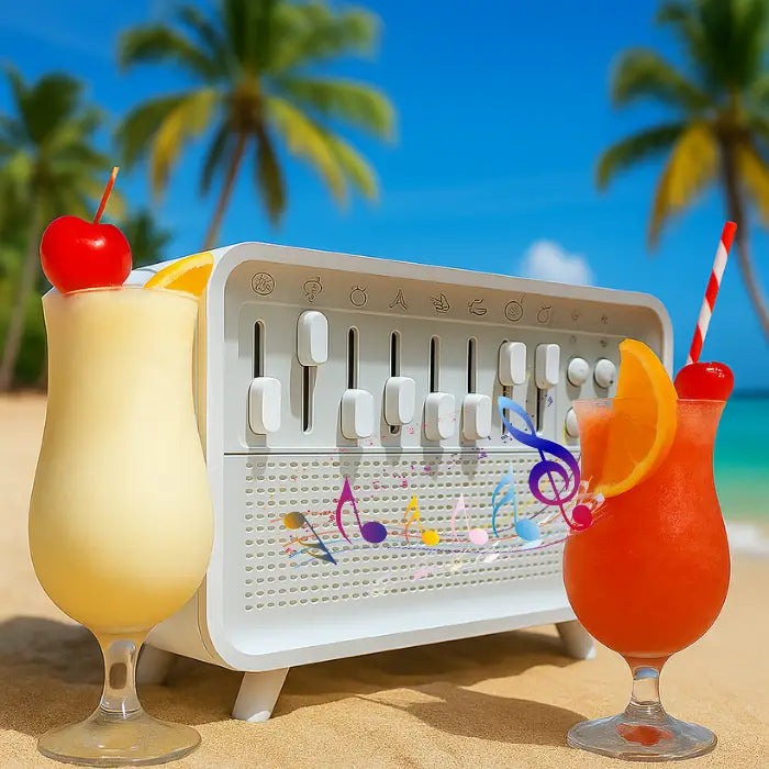  White noise speaker on beach sand with tropical drinks, palm trees, and music notes.

