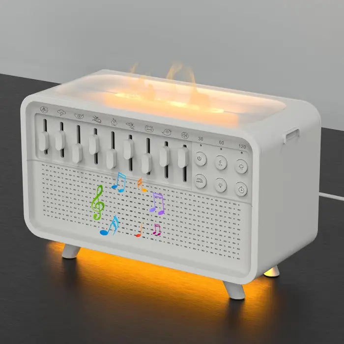 White noise speaker with glowing amber LED light, music notes, and multiple sound sliders