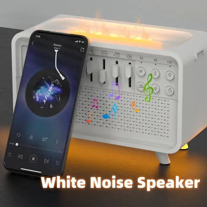  White noise speaker playing music via smartphone with glowing base and musical notes.