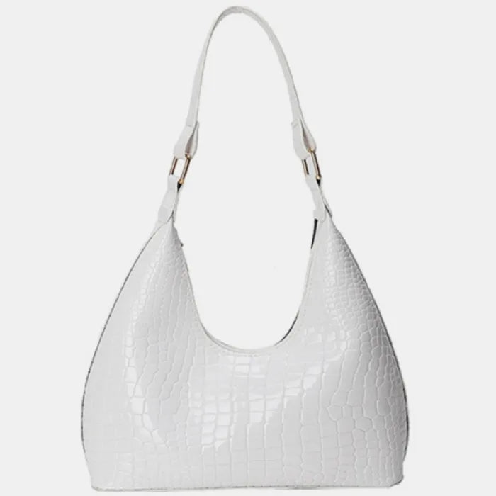 White textured leather hobo bag with croc-embossed pattern and single curved handle