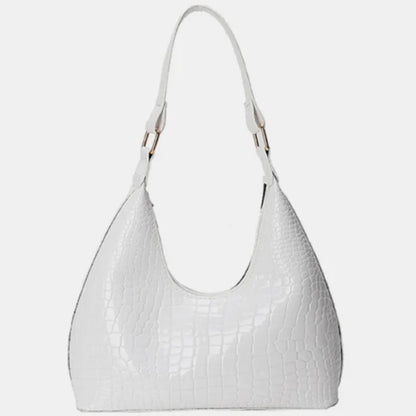 White textured leather hobo bag with croc-embossed pattern and single curved handle