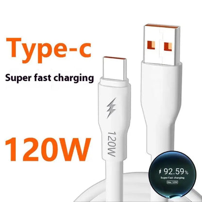 White USB to Type-C 120W fast charging cable with high-speed charging capability and sleek design.