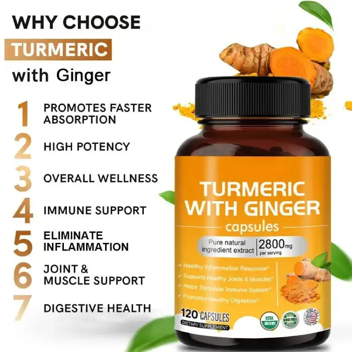 Turmeric with ginger capsules with turmeric roots and powder, listing benefits like joint support, immune health, and faster absorption.