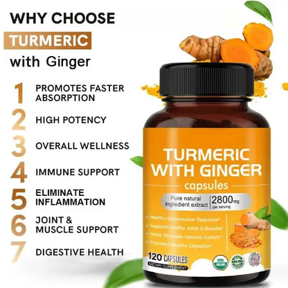 Turmeric with ginger capsules with turmeric roots and powder, listing benefits like joint support, immune health, and faster absorption.