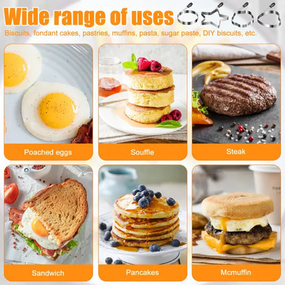 Cooking uses for stainless steel molds including eggs, pancakes, steak, sandwiches, and muffins.