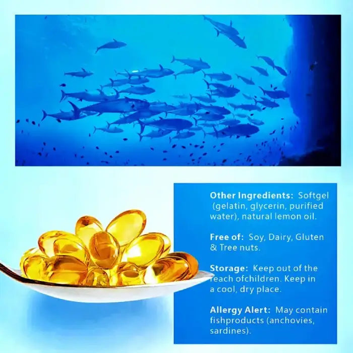 Wild-caught fish school underwater with omega-3 softgels and ingredient information panel