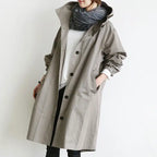 Windbreaker Trench Coat in gray styled with scarf and white top for a neutral front look.