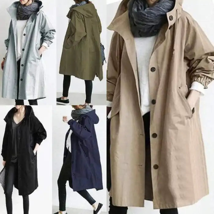 Windbreaker Trench Coat in 7 colors shown on models with scarf styling and casual wear.
