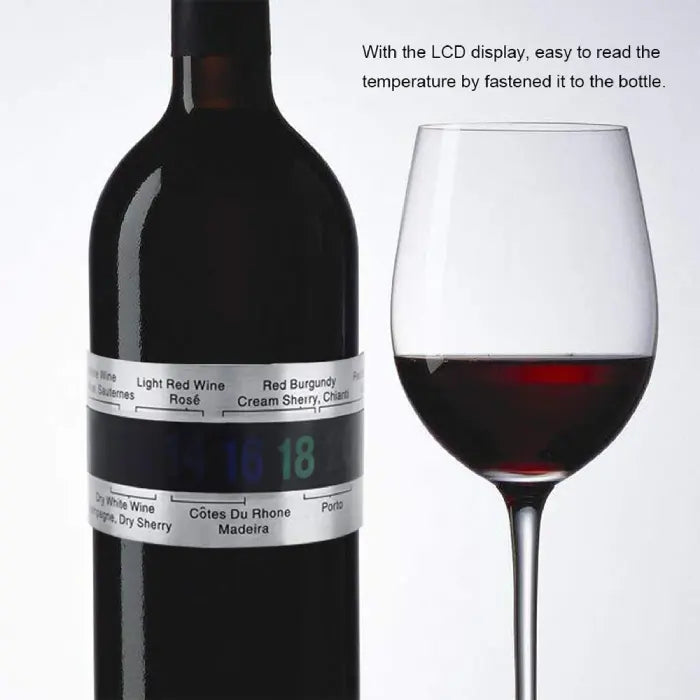 Red wine bottle with an LCD temperature display strip showing 16°C, next to a glass of red wine.