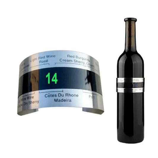 A wine bottle with a stainless steel temperature display band showing 14°C, designed for accurate wine serving temperature.