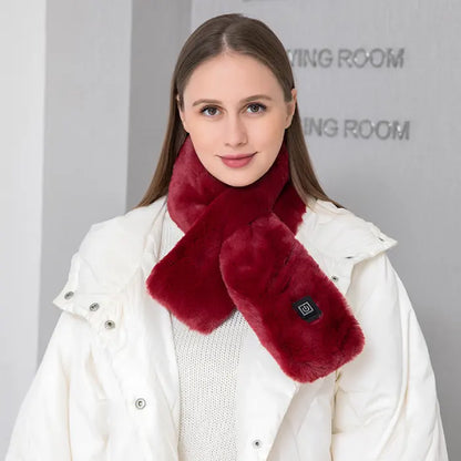 Elegant wine red electric scarf offering cozy warmth with stylish design for cold winter days.