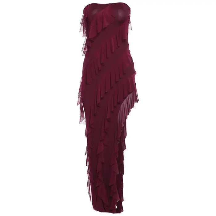 Women's wine red backless split tassel party dress with strapless top and full-length ruffle detail.