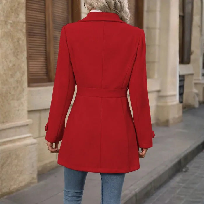 winter-belted-peacoat red coat shown from the back highlighting tailored waist design