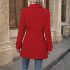 winter-belted-peacoat red coat shown from the back highlighting tailored waist design