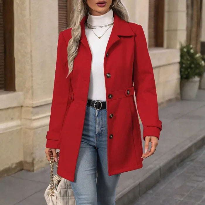 winter-belted-peacoat red coat with button front styled over white turtleneck and jeans