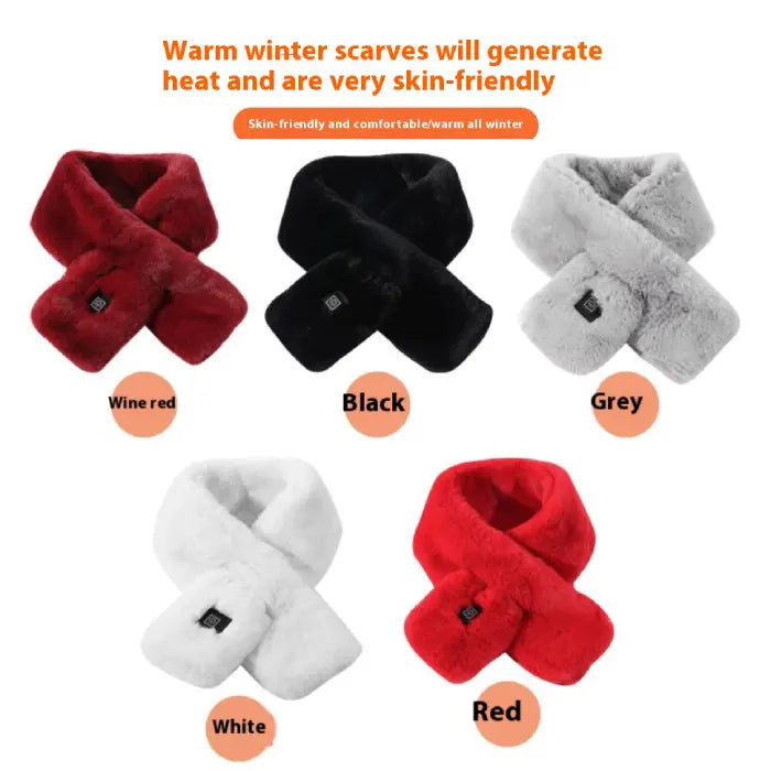 Warm electric heated scarves in black, grey, white, red, and wine red color options for winter comfort.