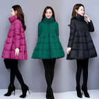 winter puffer coat in magenta, green, and black, A line silhouette, high collar, front zip, warm, lightweight for cold days