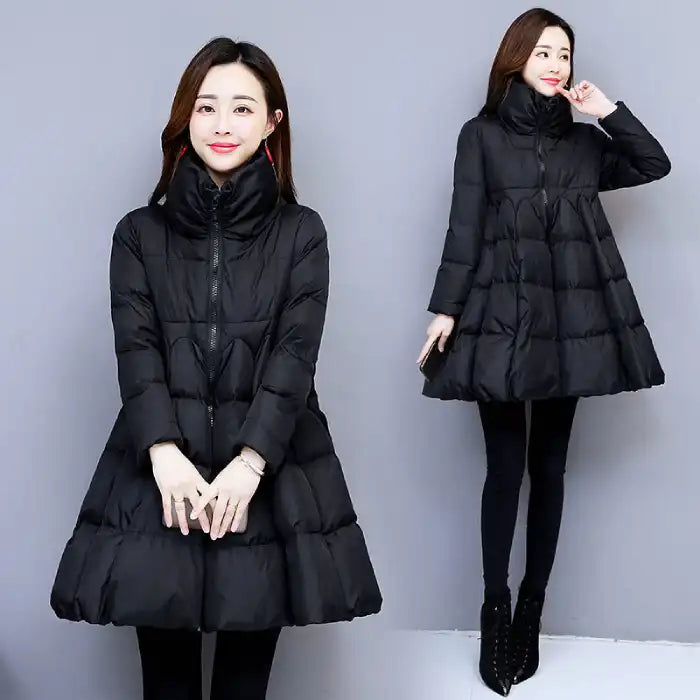 winter puffer coat black A line style, tall collar and front zipper, warm and lightweight for everyday cold weather wear