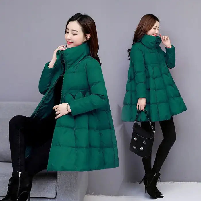 winter puffer coat emerald green, A line shape, high stand collar and zipper, cozy lightweight feel with handy pockets