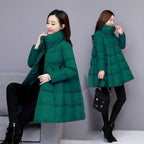 winter puffer coat emerald green, A line shape, high stand collar and zipper, cozy lightweight feel with handy pockets