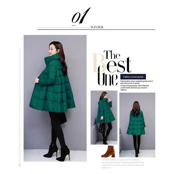 winter puffer coat emerald styled for winter, A line cut, high collar, easy zip front, cozy and lightweight comfort