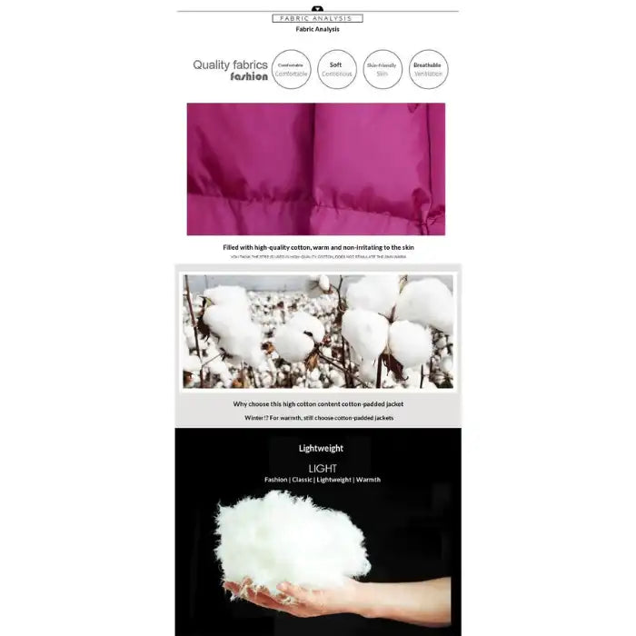 winter puffer coat fabric and soft fill, lightweight cotton like padding shown for warmth, breathable and skin friendly