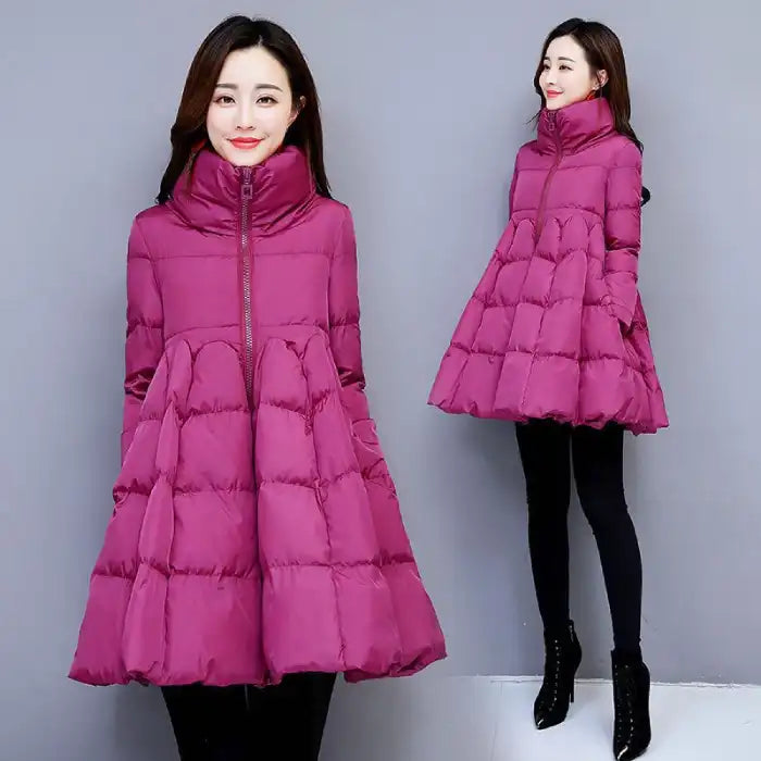 winter puffer coat magenta, A line silhouette with tall collar and zip front, warm lightweight design for casual outfits
