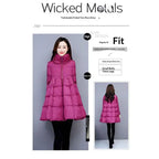 winter puffer coat magenta shown front and back, A line fit with high collar, flattering shape for everyday warmth