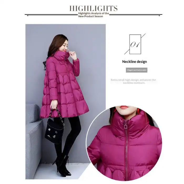 winter puffer coat magenta A line with high stand collar, zip front quilted panels, warm lightweight design for cold day