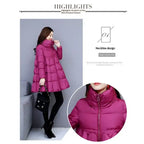 winter puffer coat magenta A line with high stand collar, zip front quilted panels, warm lightweight design for cold day