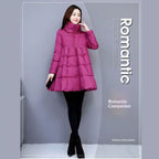 winter puffer coat magenta, A line silhouette, high neck zipper, warm lightweight padding for cool city days
