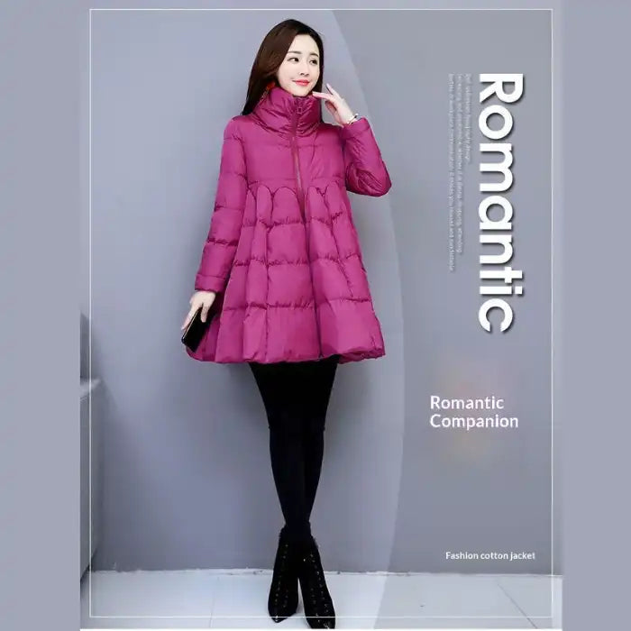 winter puffer coat magenta, A line silhouette, high neck zipper, warm lightweight padding for cool city days