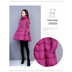 winter puffer coat magenta with slanted pocket detail, A line shape, warm lightweight quilting for daily wear