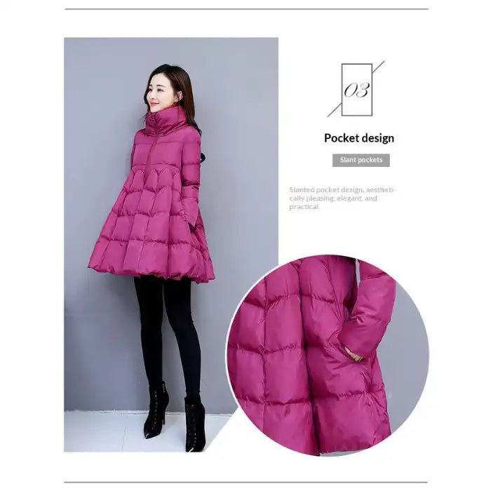 winter puffer coat magenta with slanted pocket detail, A line shape, warm lightweight quilting for daily wear