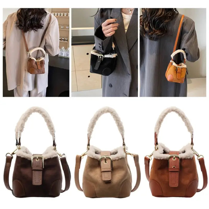 Three lifestyle photos showing mini handbags with sherpa trim worn with winter outfits in beige, black, and brown colors