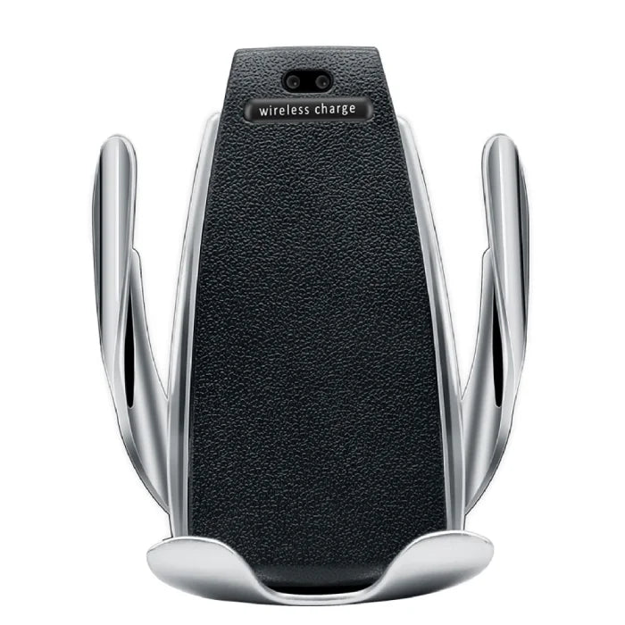 Wireless car phone holder with black leather surface and chrome automatic grip arms.