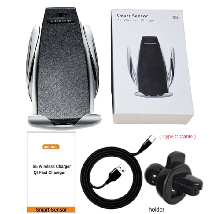 Wireless car phone holder unboxed with manual, USB-C cable, air vent mount, and retail packaging.